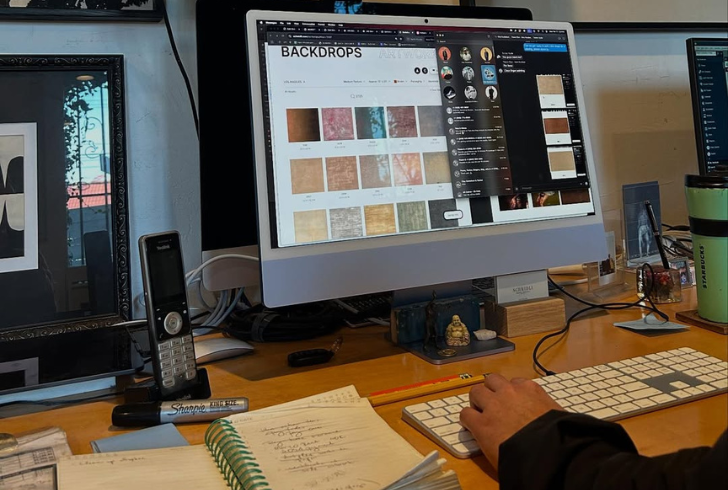 The founder is working on a laptop.