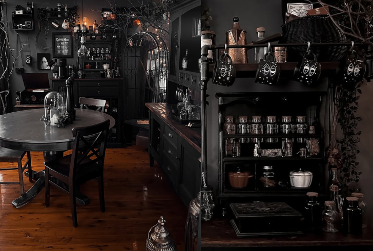 Cozy gothic witch themed café interior