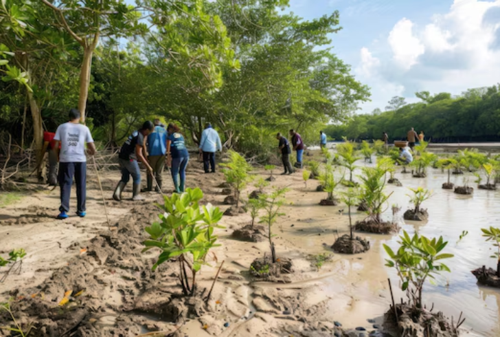 Workers planting mangroves for resilience