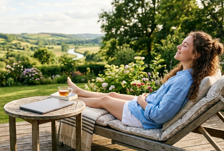 Woman relaxing outdoors with their laptop placed aside
