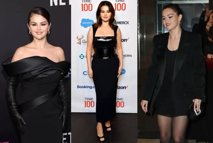 Selena Gomez wearing black dresses.